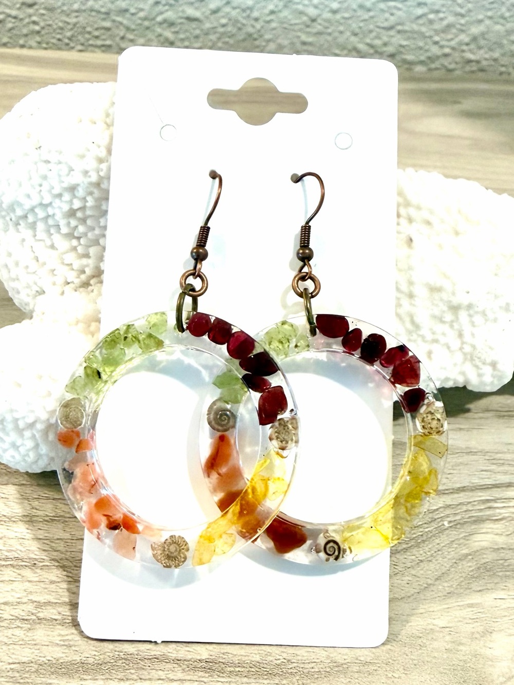 51. Fall Vibes!🍃🍁🍂 Colorful Resin Hoop Earrings with Multicolor Stone and Shells